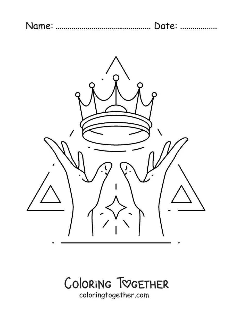 Coloring page of two hands with a crown