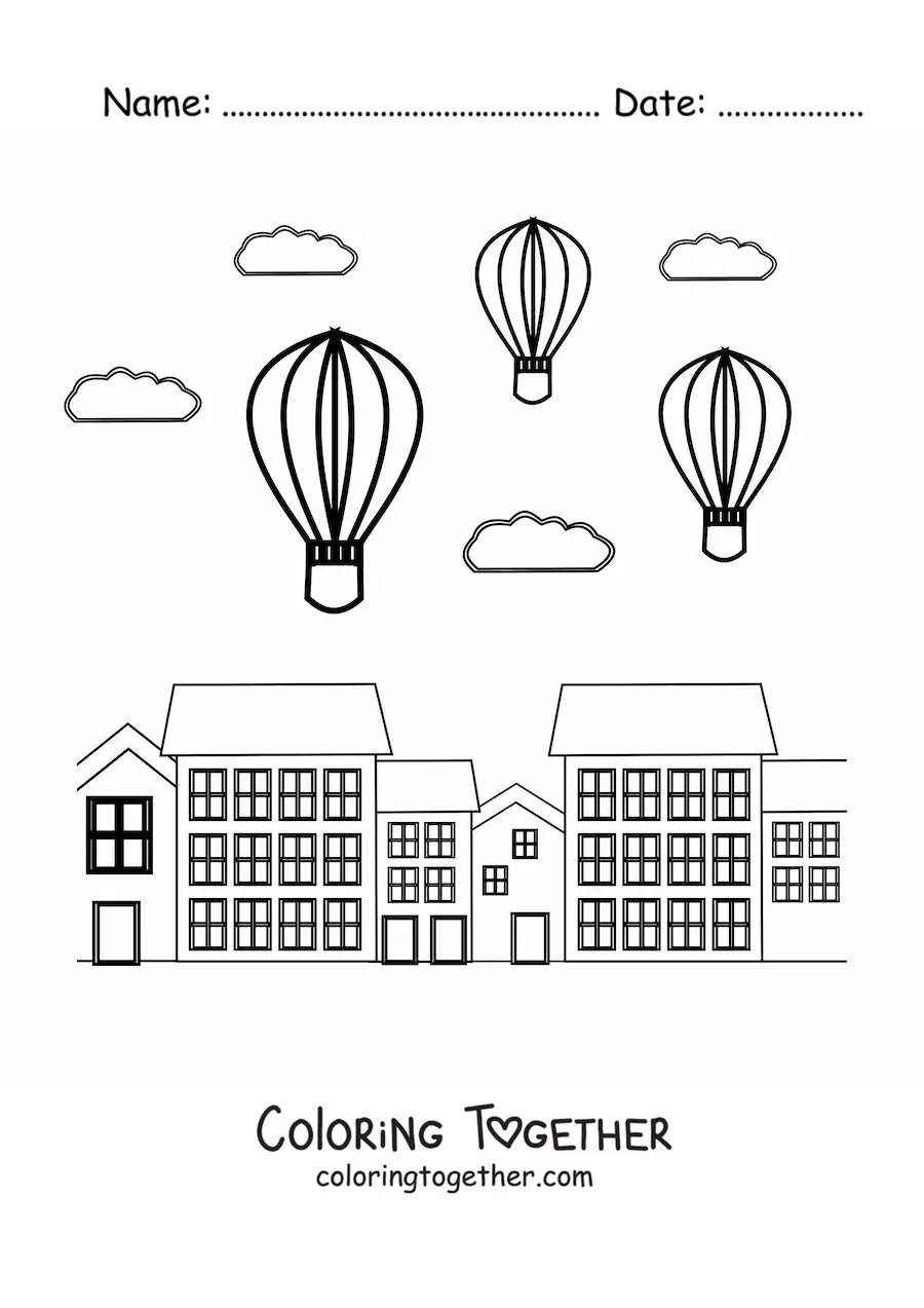 Coloring page of three hot air balloons flying over the city