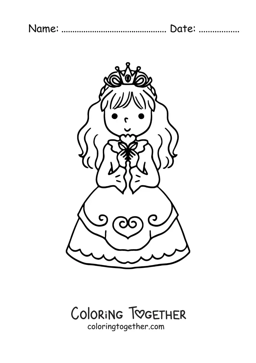 Coloring page of an animated princess with her crown