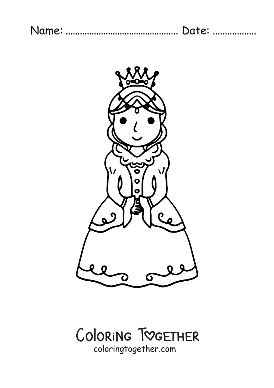 Coloring page of an animated queen with her crown