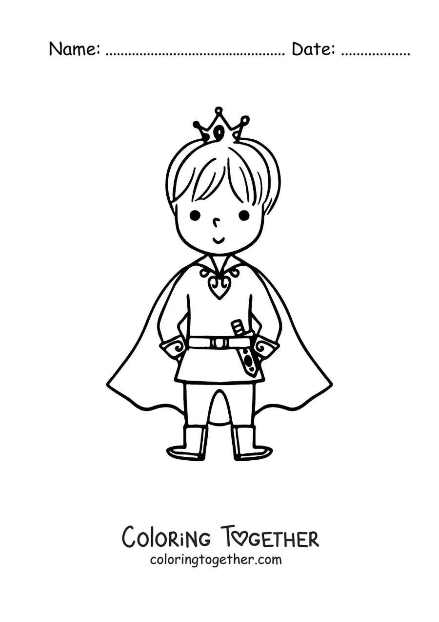Coloring page of an animated prince with his crown