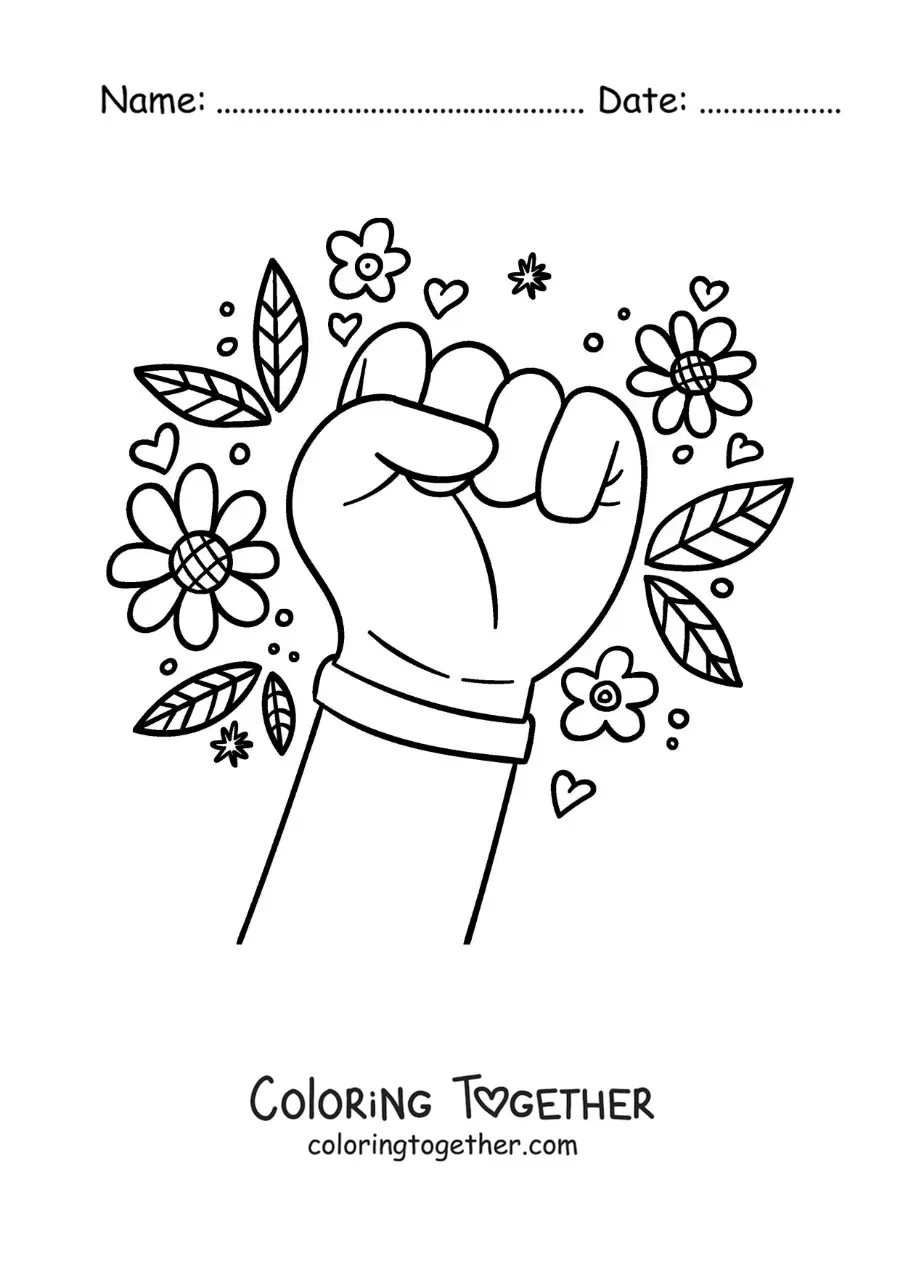 Coloring page of a hand with a bracelet and flowers