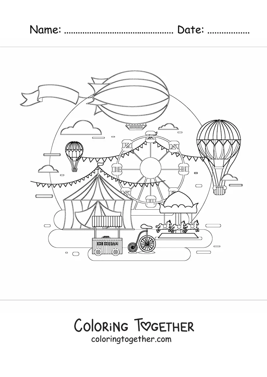 Coloring page of several hot air balloons flying over a fair