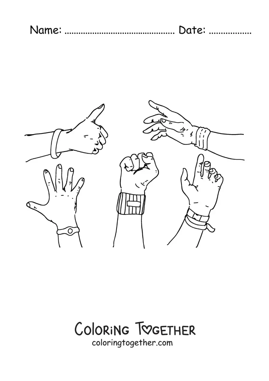 Coloring page of hands with bracelets and bangles