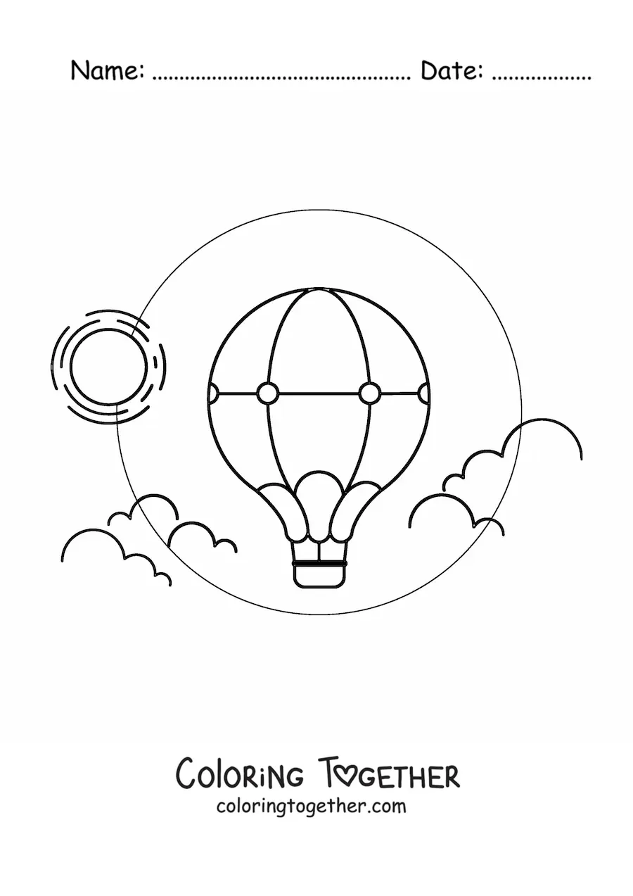 Coloring page of a hot air balloon in the sky in front of the sun