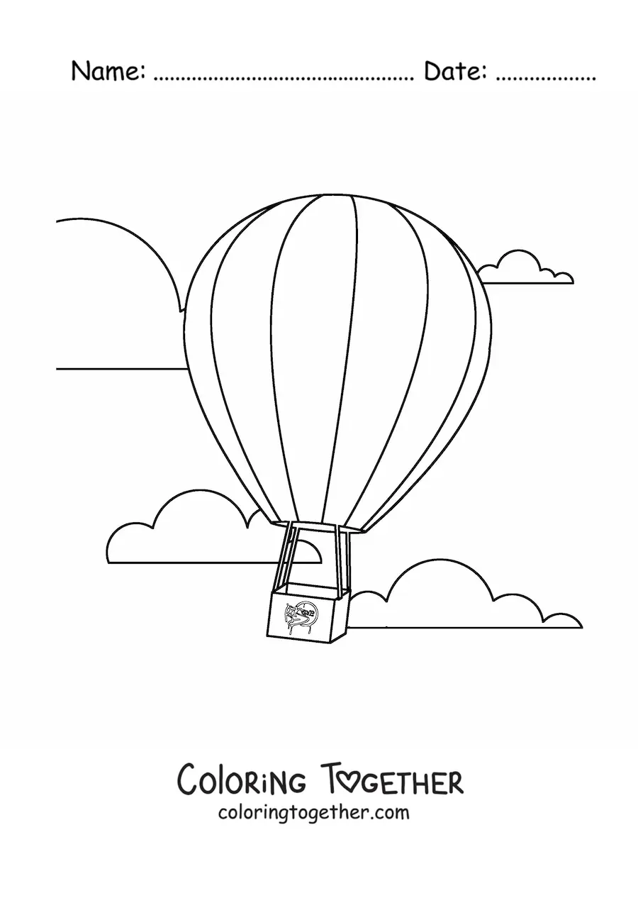 Coloring page of a hot air balloon floating in the sky