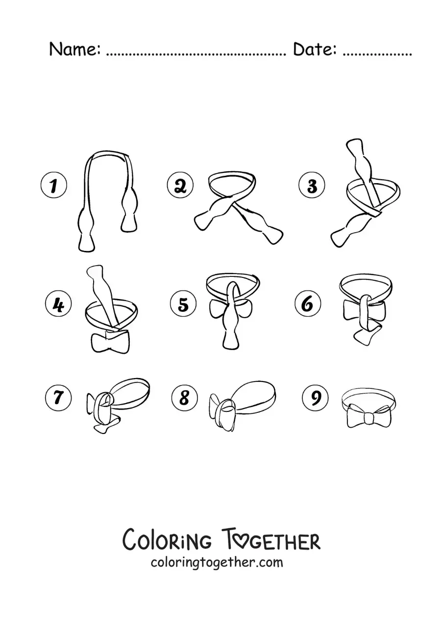 Coloring page of the steps to tie a bow tie knot