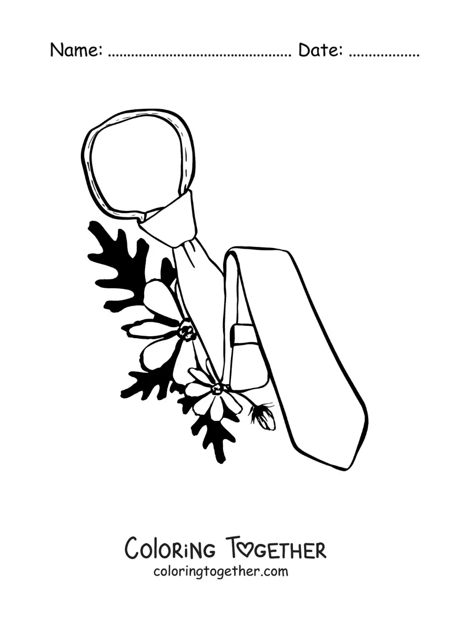 Coloring page of a tie and flowers