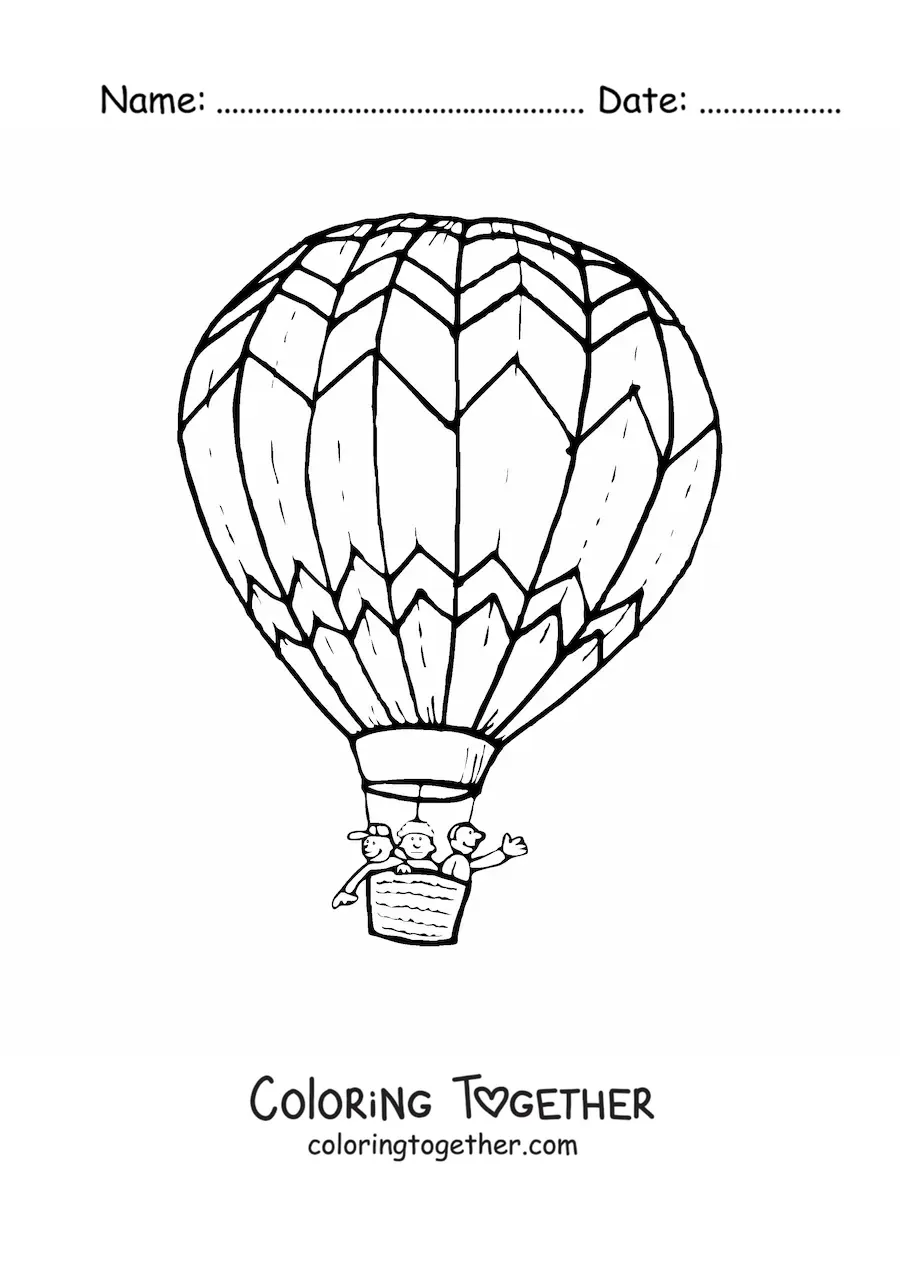 Coloring page of three kids flying in a hot air balloon