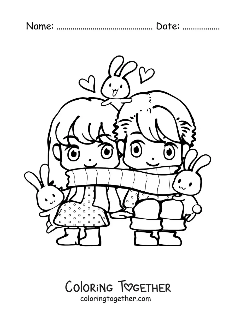 Coloring page of a kawaii couple with a scarf