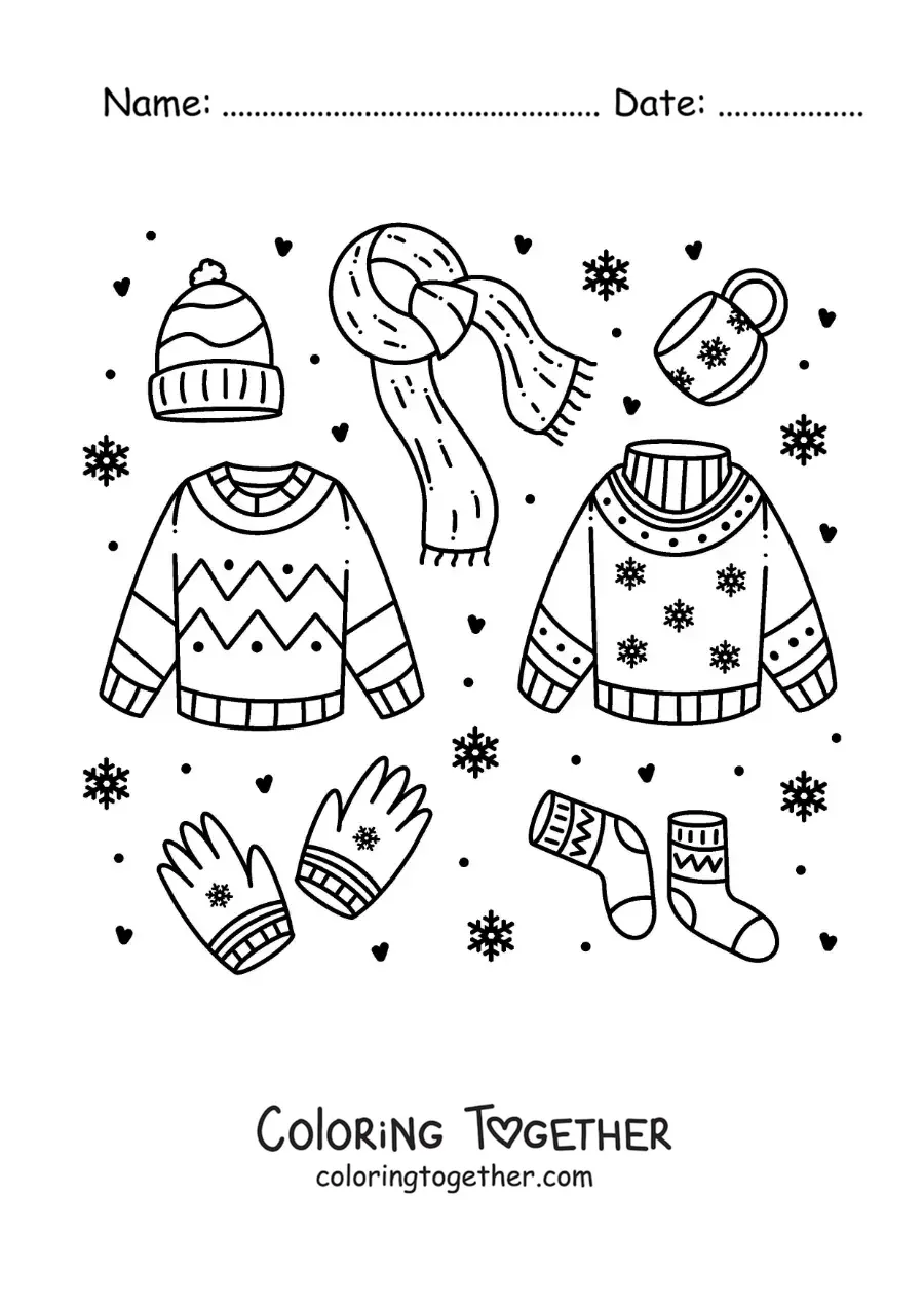 Coloring page of a scarf and winter clothes