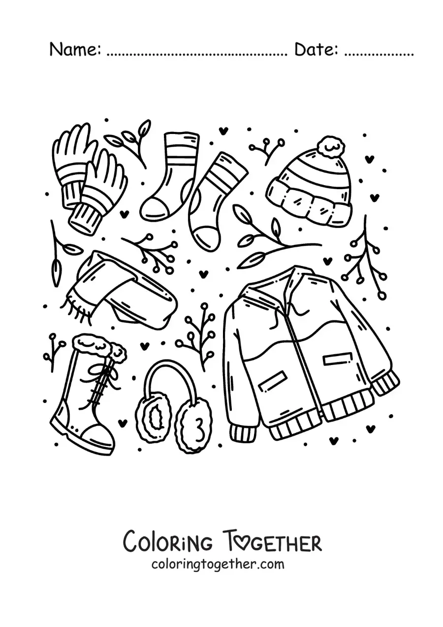 Coloring page of a winter coat with a hat and a scarf