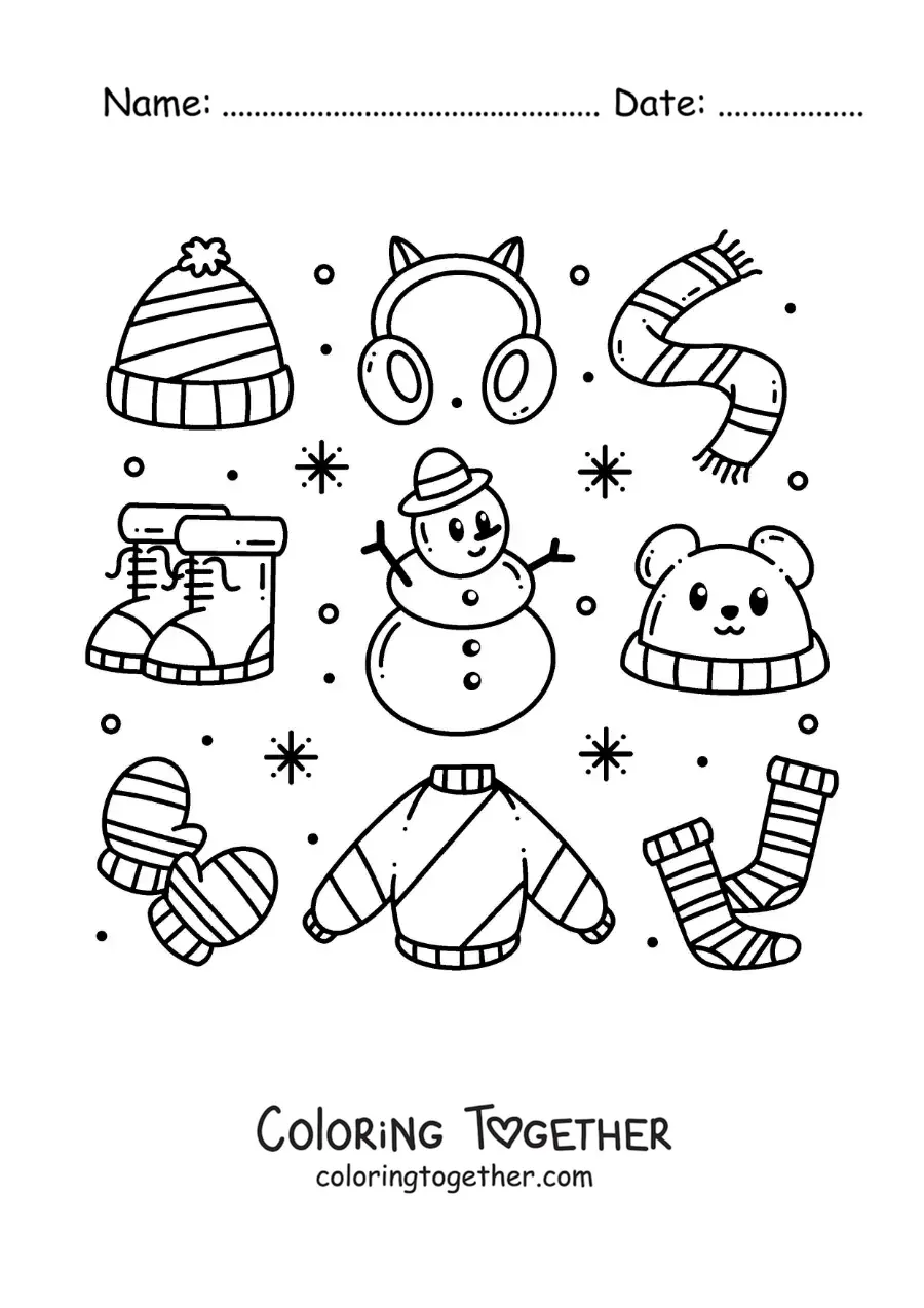 Coloring page of a snowman dressed in winter clothes