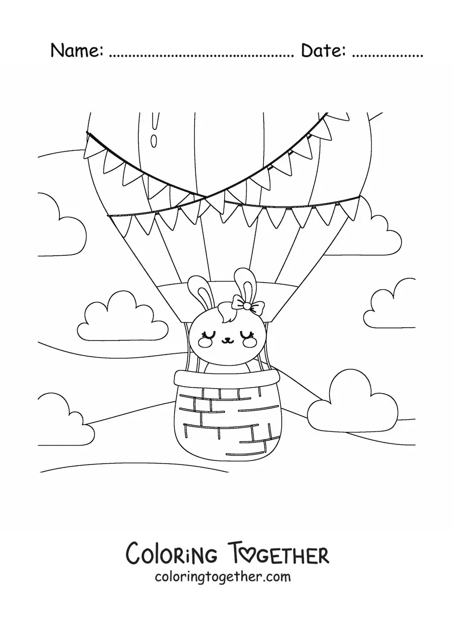 Coloring page of a cute kawaii cartoon rabbit in a hot air balloon