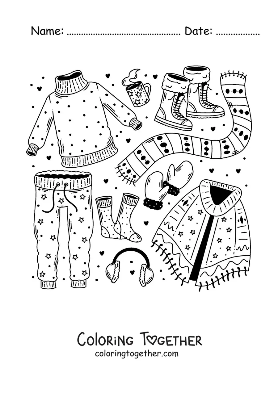 Coloring page of a scarf and clothes for the snow