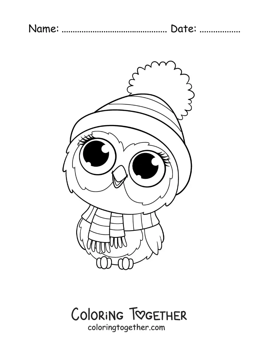 Coloring page of a cute cartoon owl wearing a scarf
