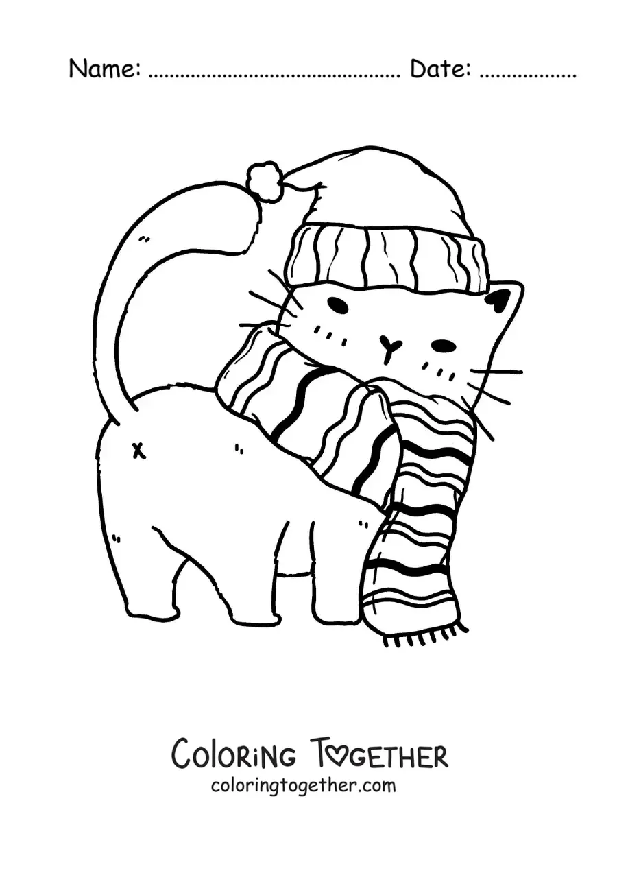 Coloring page of a cartoon kitten wearing a scarf