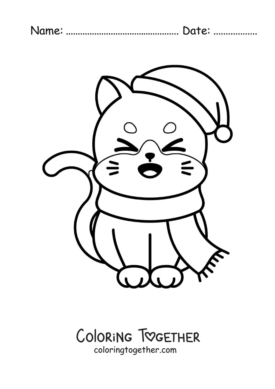 Coloring page of a cartoon cat with a scarf and a Christmas hat