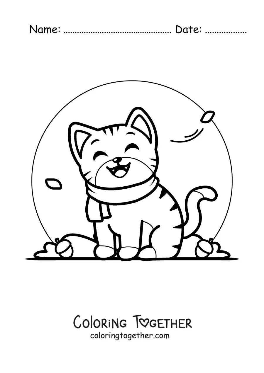 Coloring page of a cartoon cat with a scarf in autumn