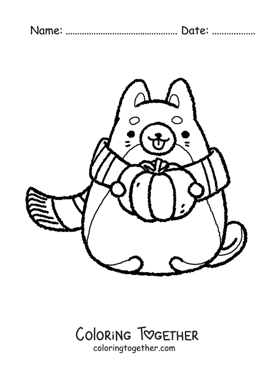 Coloring page of a cartoon cat with a scarf and a pumpkin in autumn