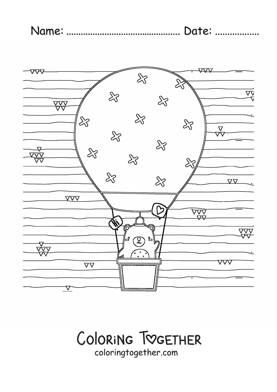 Coloring page of a cute kawaii cartoon bear in a hot air balloon
