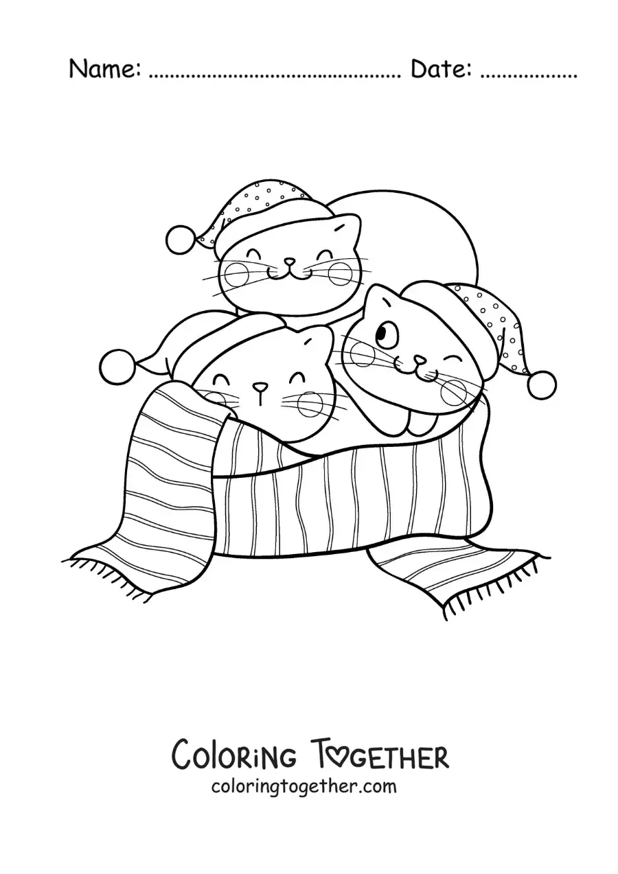 Coloring page of three cartoon cats on a Christmas scarf