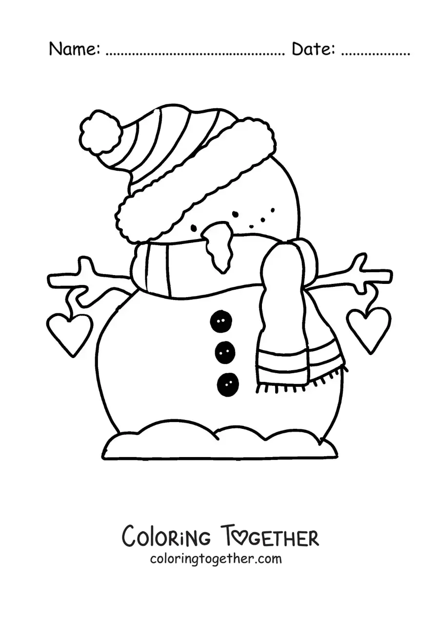 Coloring page of a cartoon snowman with a scarf and a hat