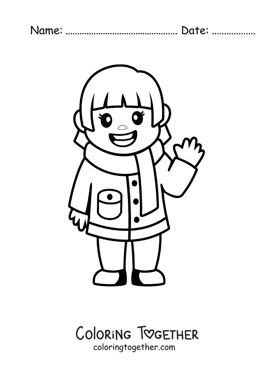Coloring page of a cartoon girl wearing a scarf