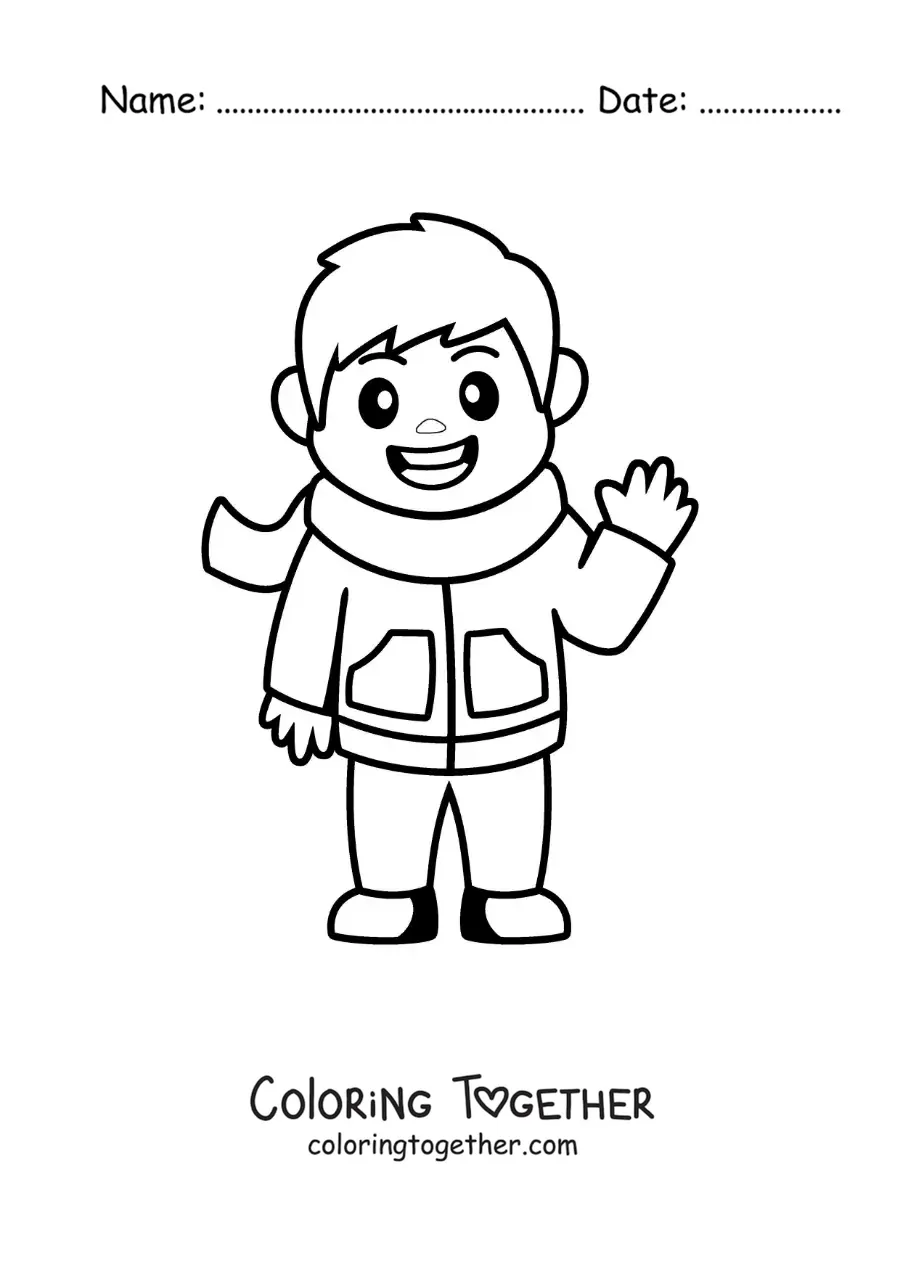 Coloring page of a cartoon boy wearing a scarf