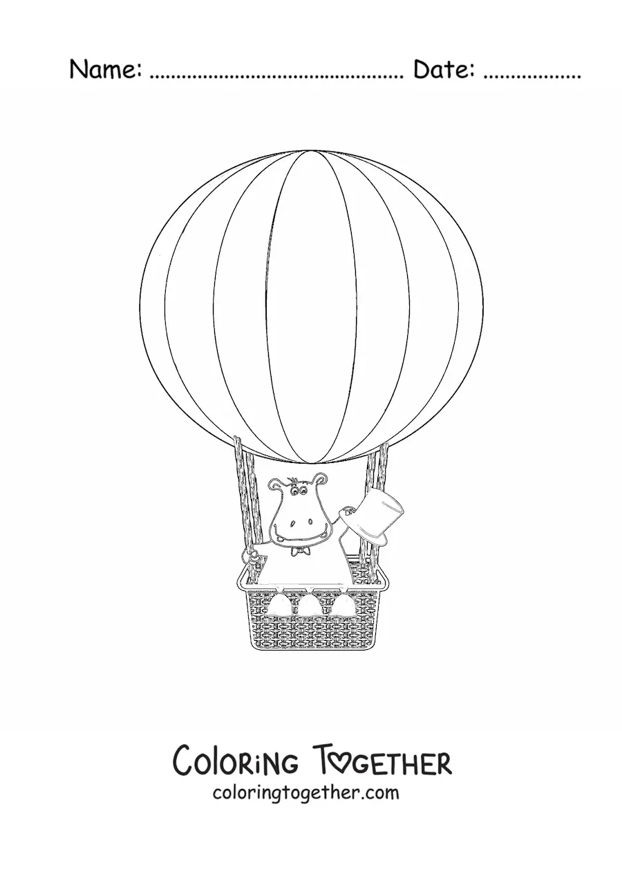 Coloring page of a cartoon hippo flying in a hot air balloon