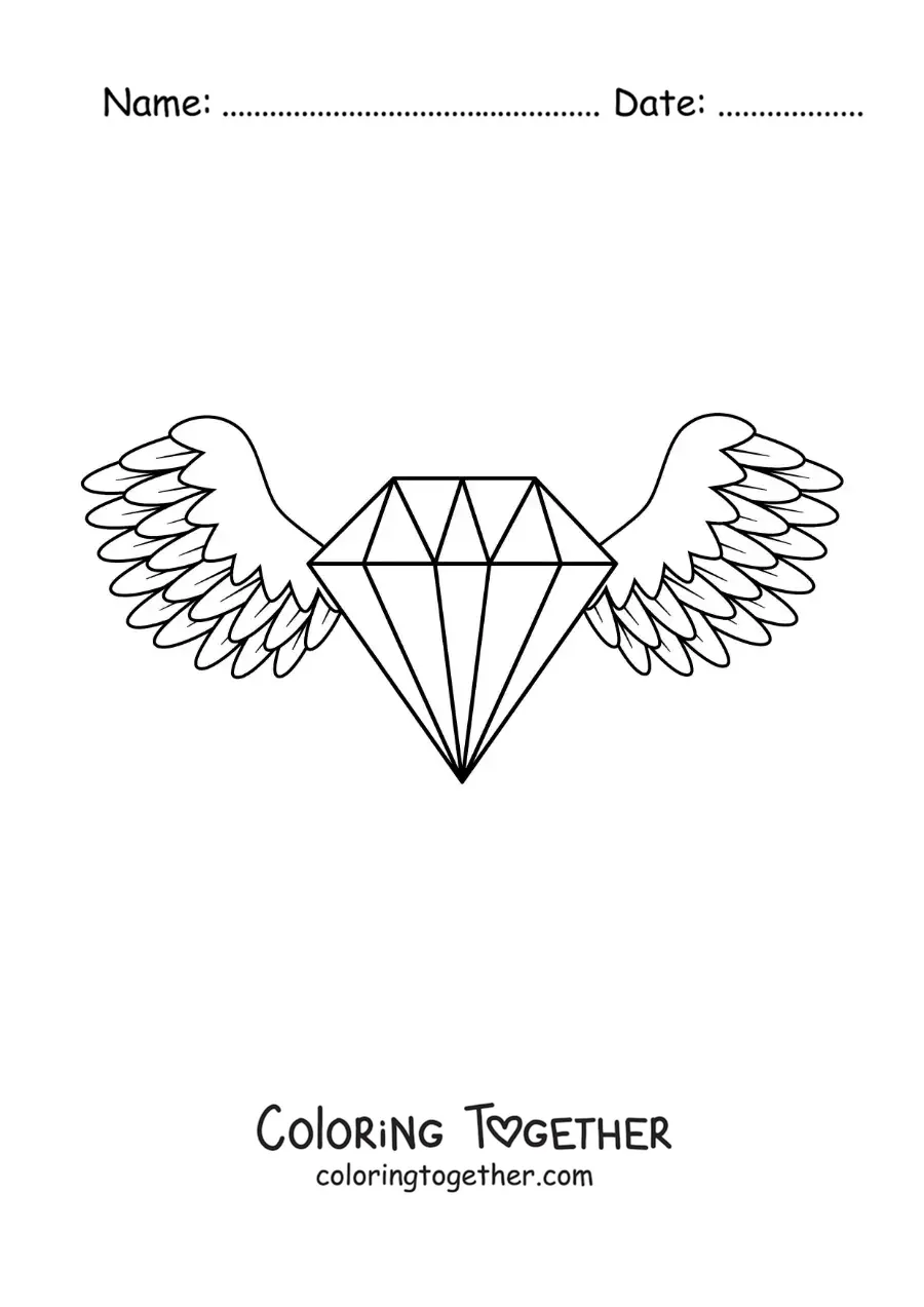 Coloring page of a diamond with angel wings