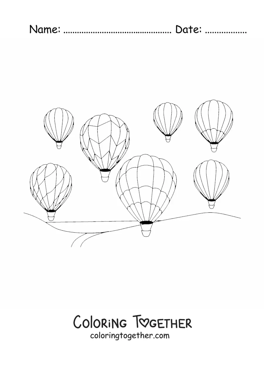 Coloring page of several hot air balloons in the air over a landscape