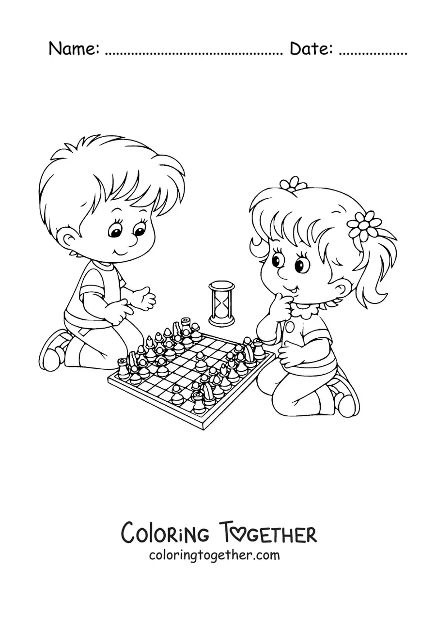 Coloring page of a boy and a girl playing chess