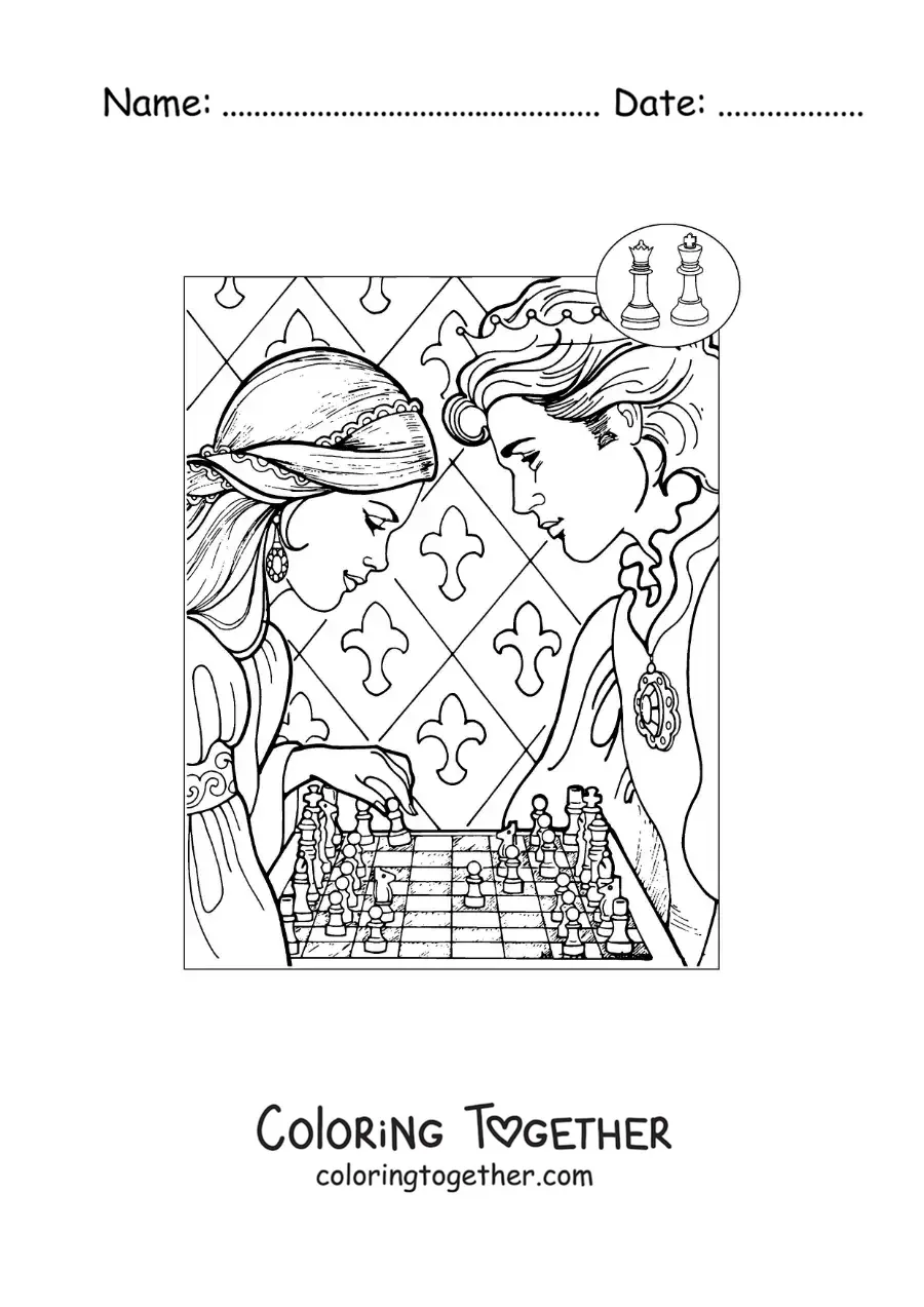 Coloring page of a princess and a prince playing chess