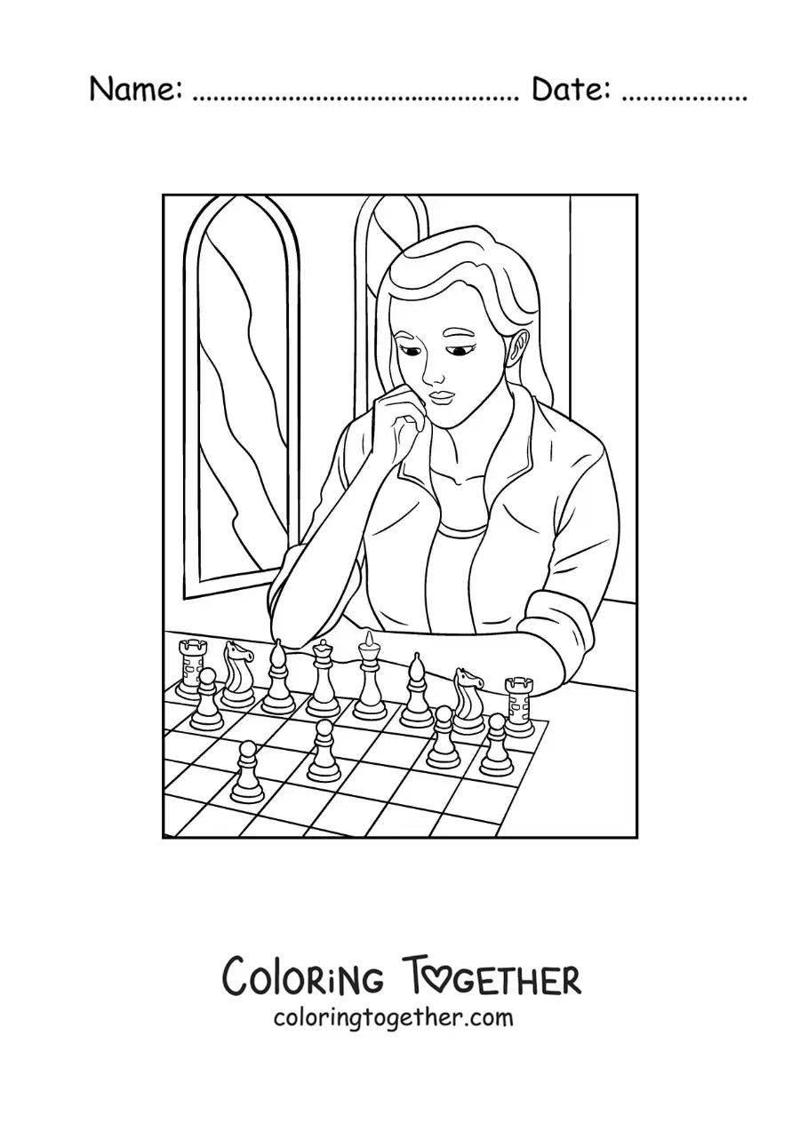 Coloring page of a girl playing chess