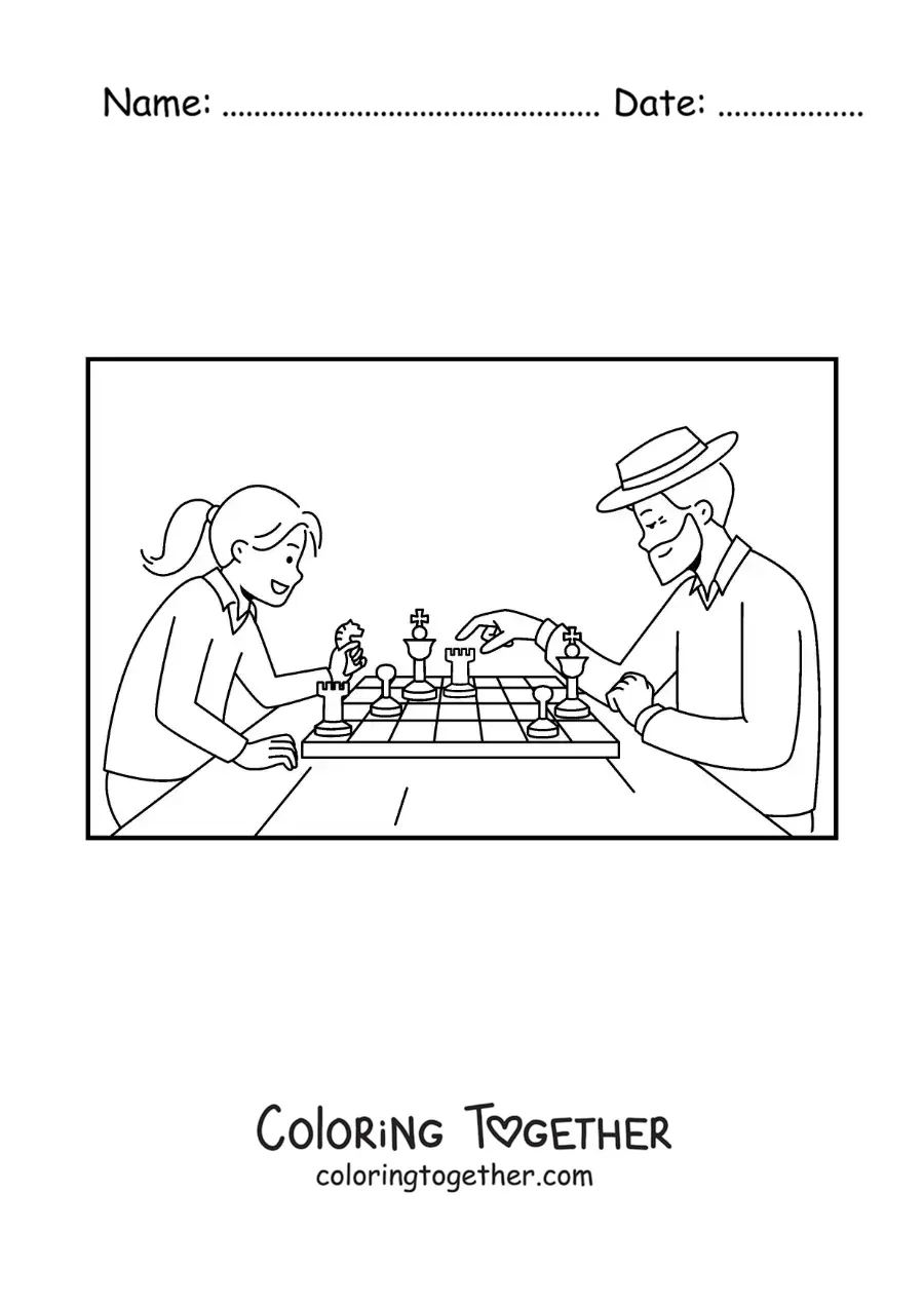 Coloring page of a girl playing chess with her grandfather