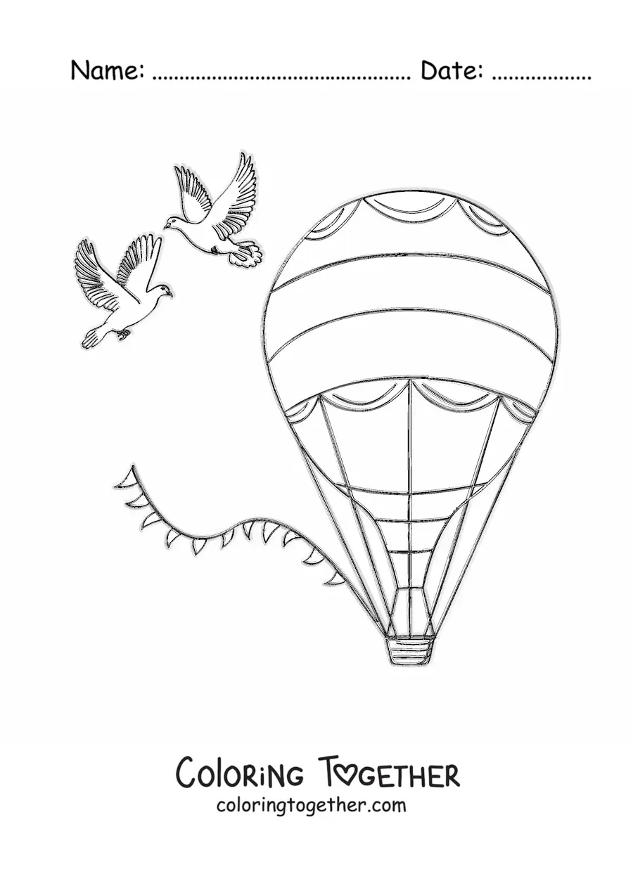 Coloring page of a wedding hot air balloon