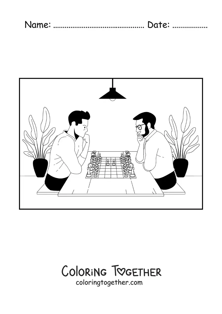 Coloring page of two men playing chess