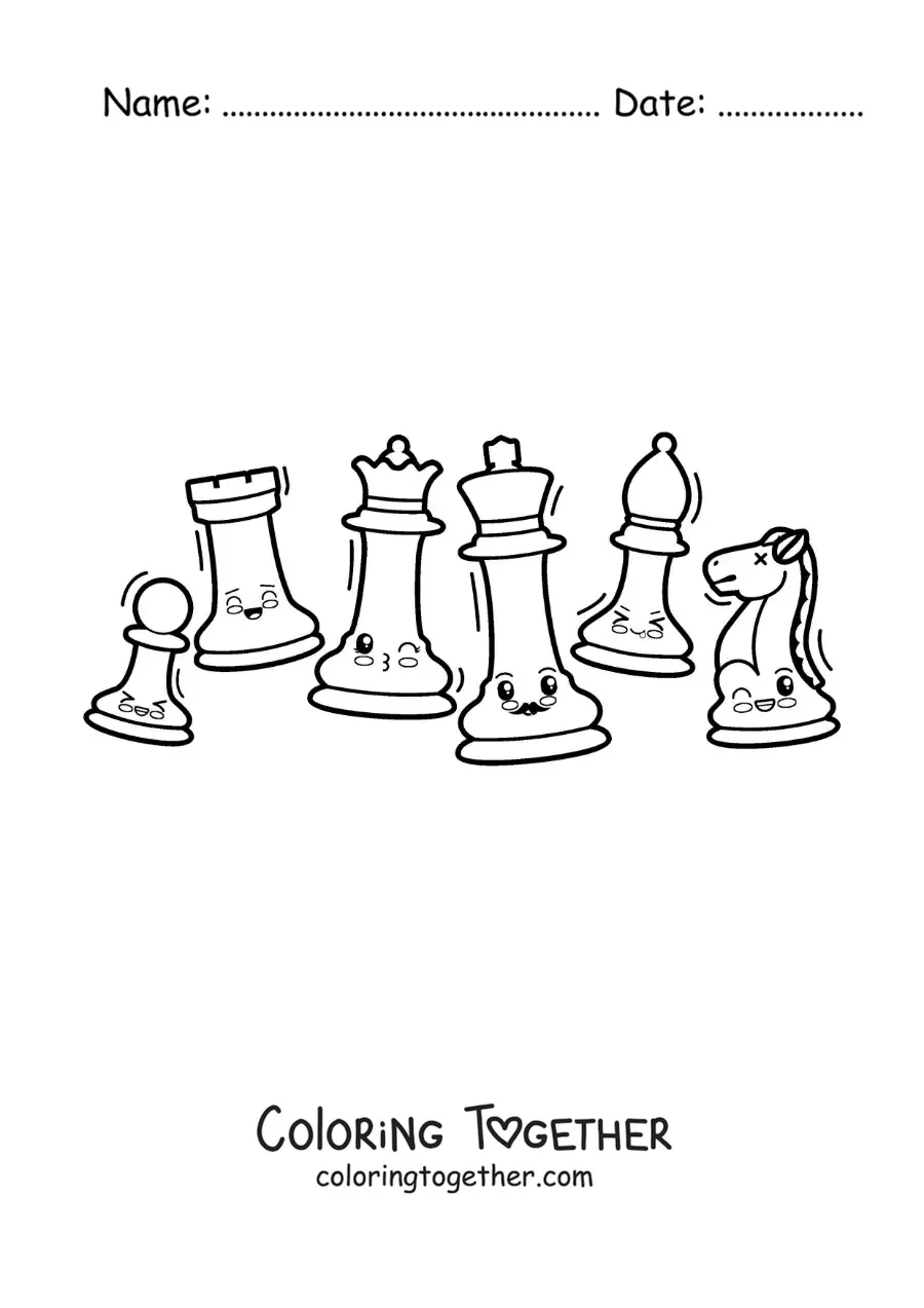 Coloring page of cute kawaii cartoon chess pieces