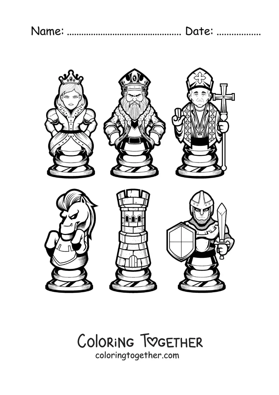 Coloring page of cartoon chess pieces