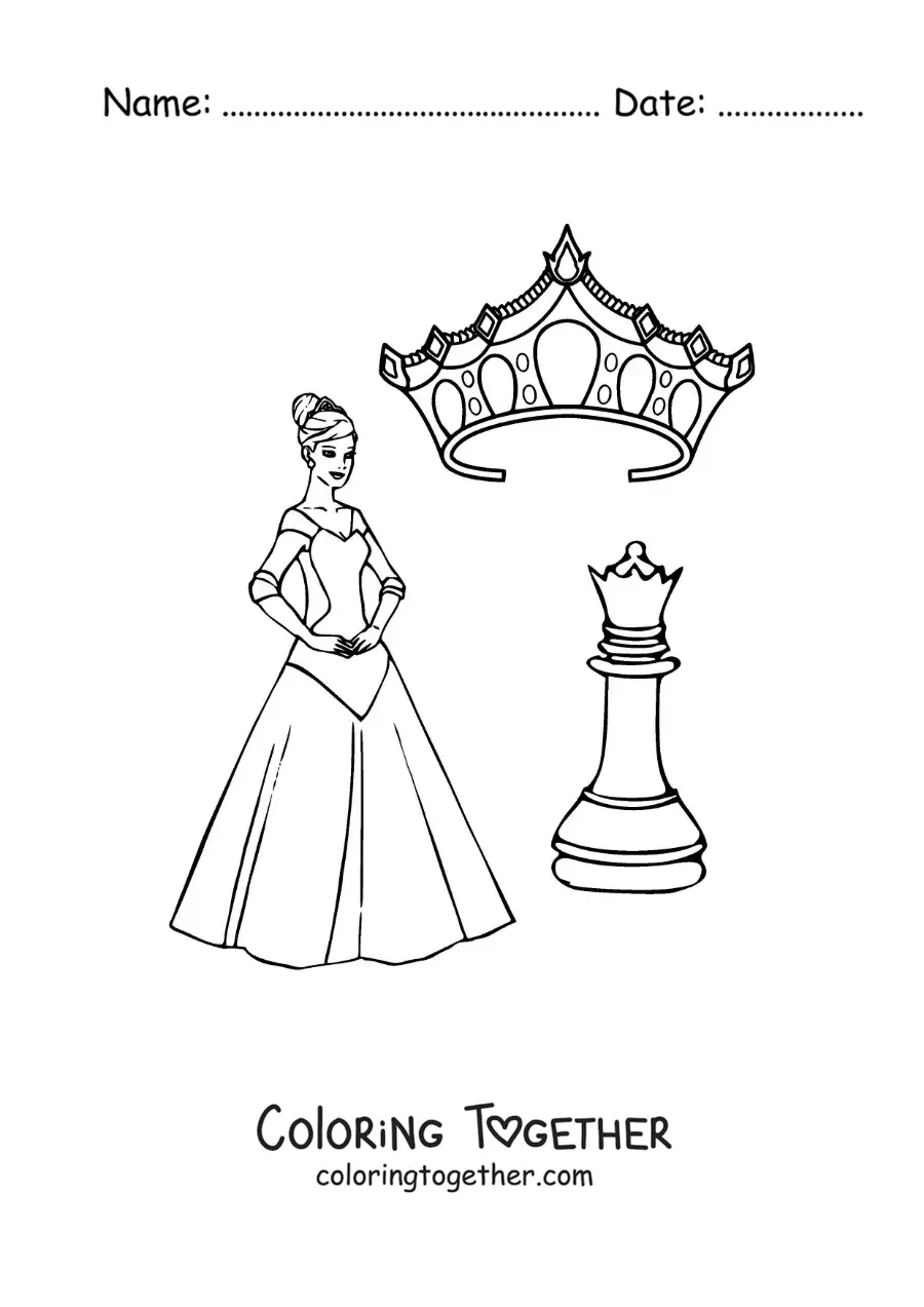 Coloring page of a chess queen piece with a crown and a cartoon queen