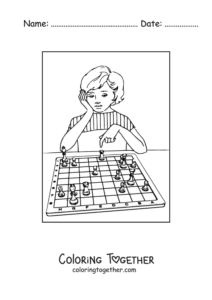 Coloring page of a girl playing chess