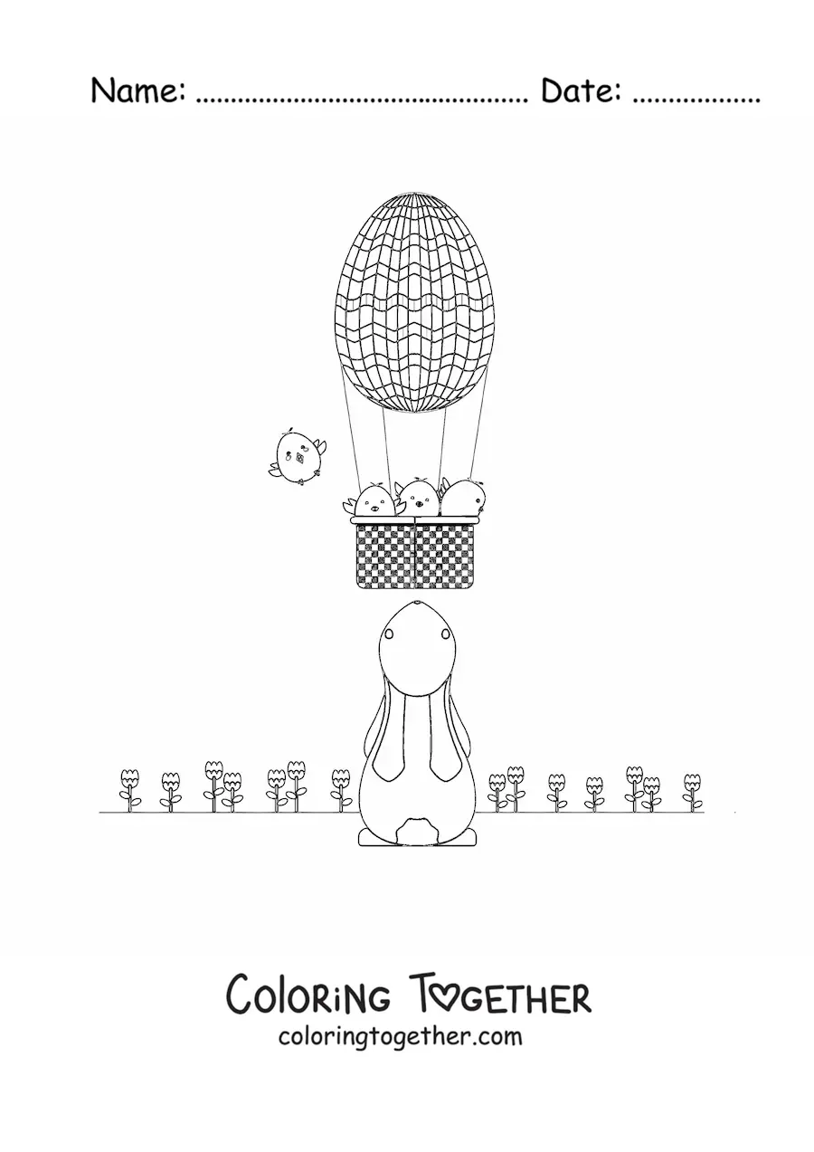 Coloring page of a cartoon rabbit and an Easter hot air balloon