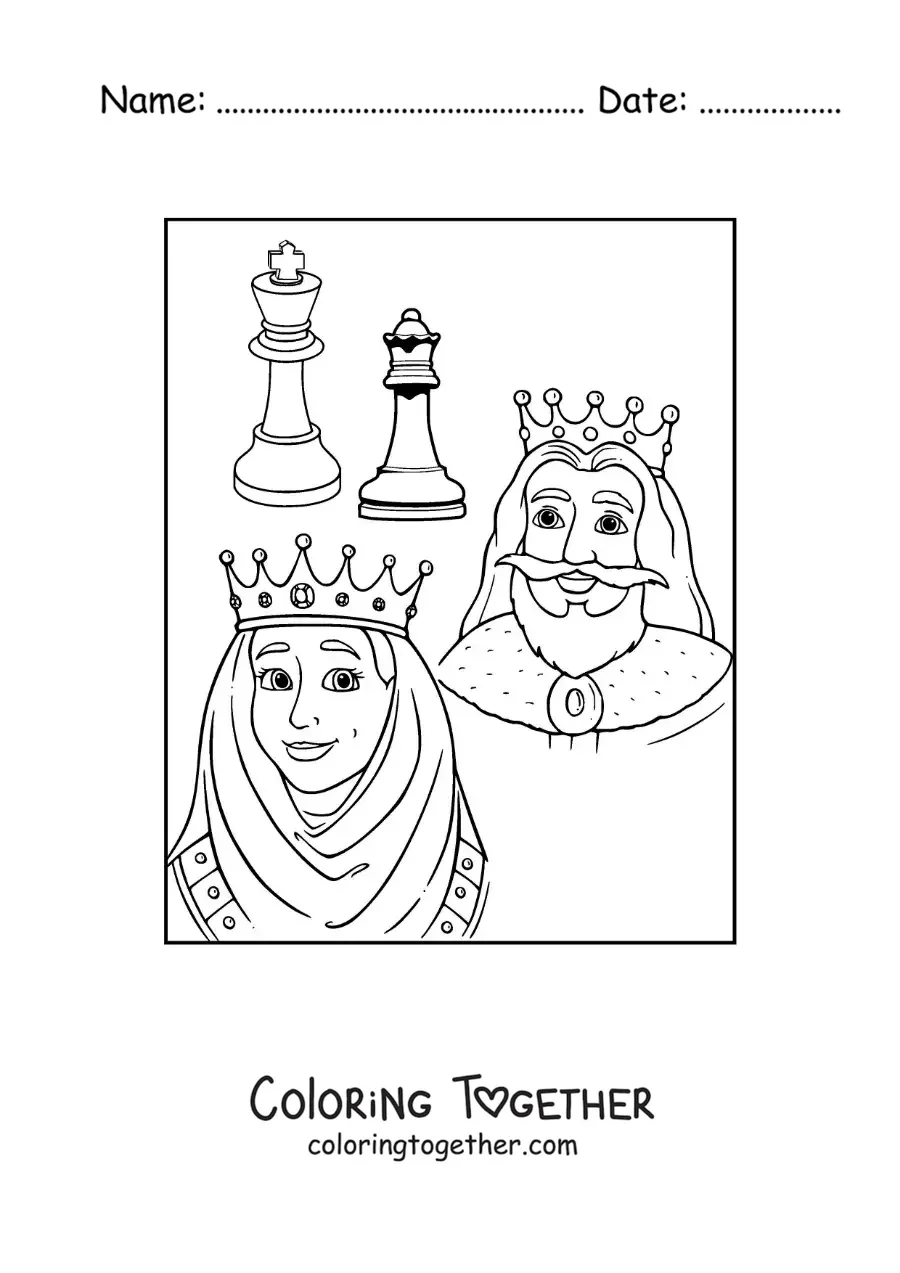 Coloring page of a chess queen and king piece with cartoon kings