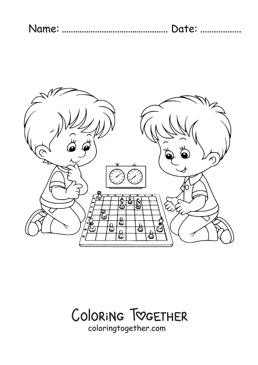 Coloring page of two children playing chess