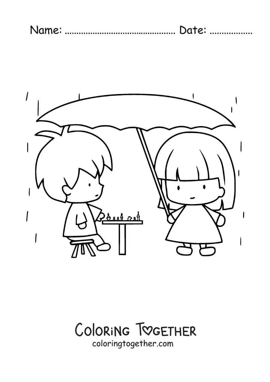 Coloring page of two cute kawaii cartoon kids playing chess in the rain