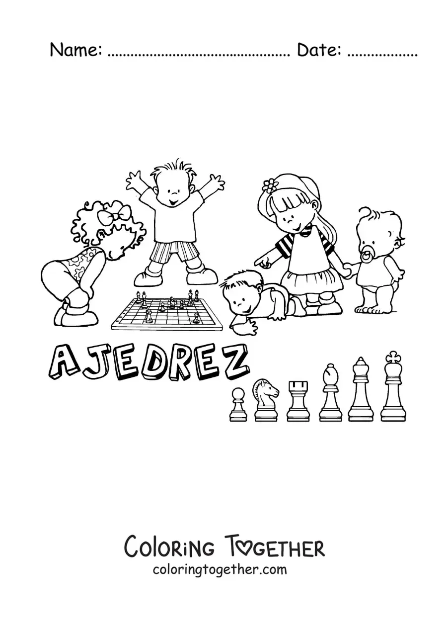 Coloring page of children playing chess and the word chess