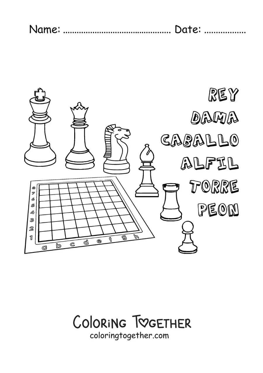 Coloring page of a chess board and pieces with their names