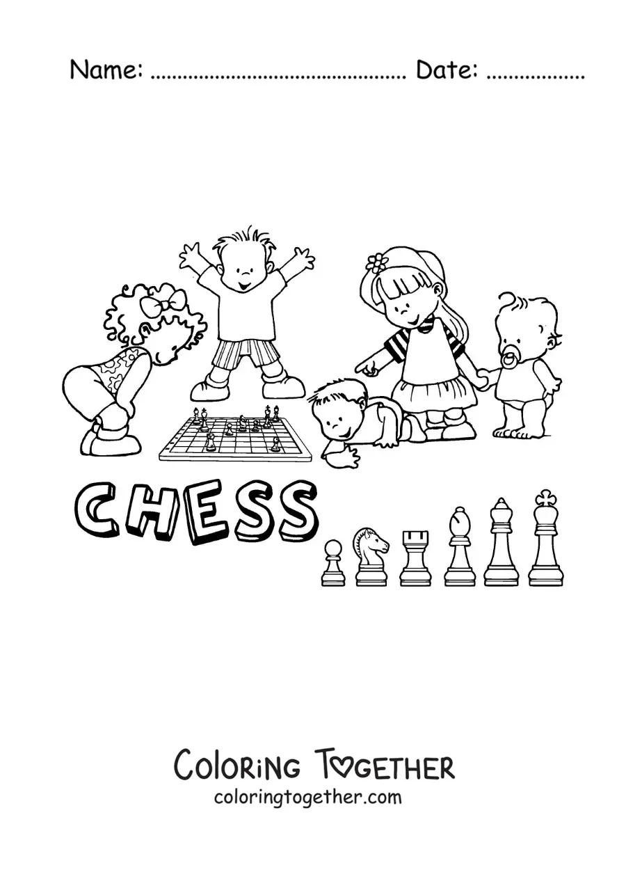 Coloring page of children playing chess and the word chess in English