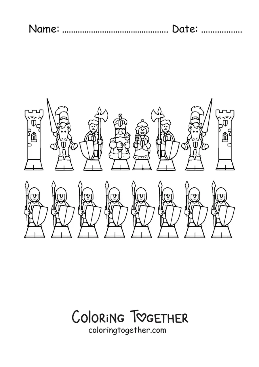 Coloring page of cartoon chess pieces